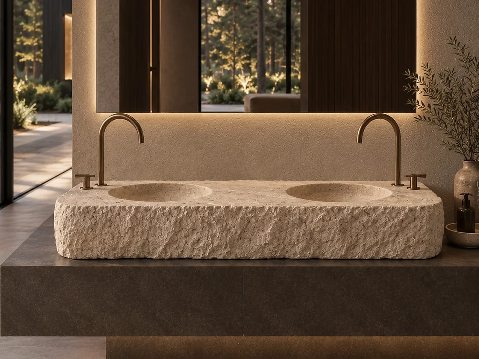 Sculptural Travertine basin in ivory travertine