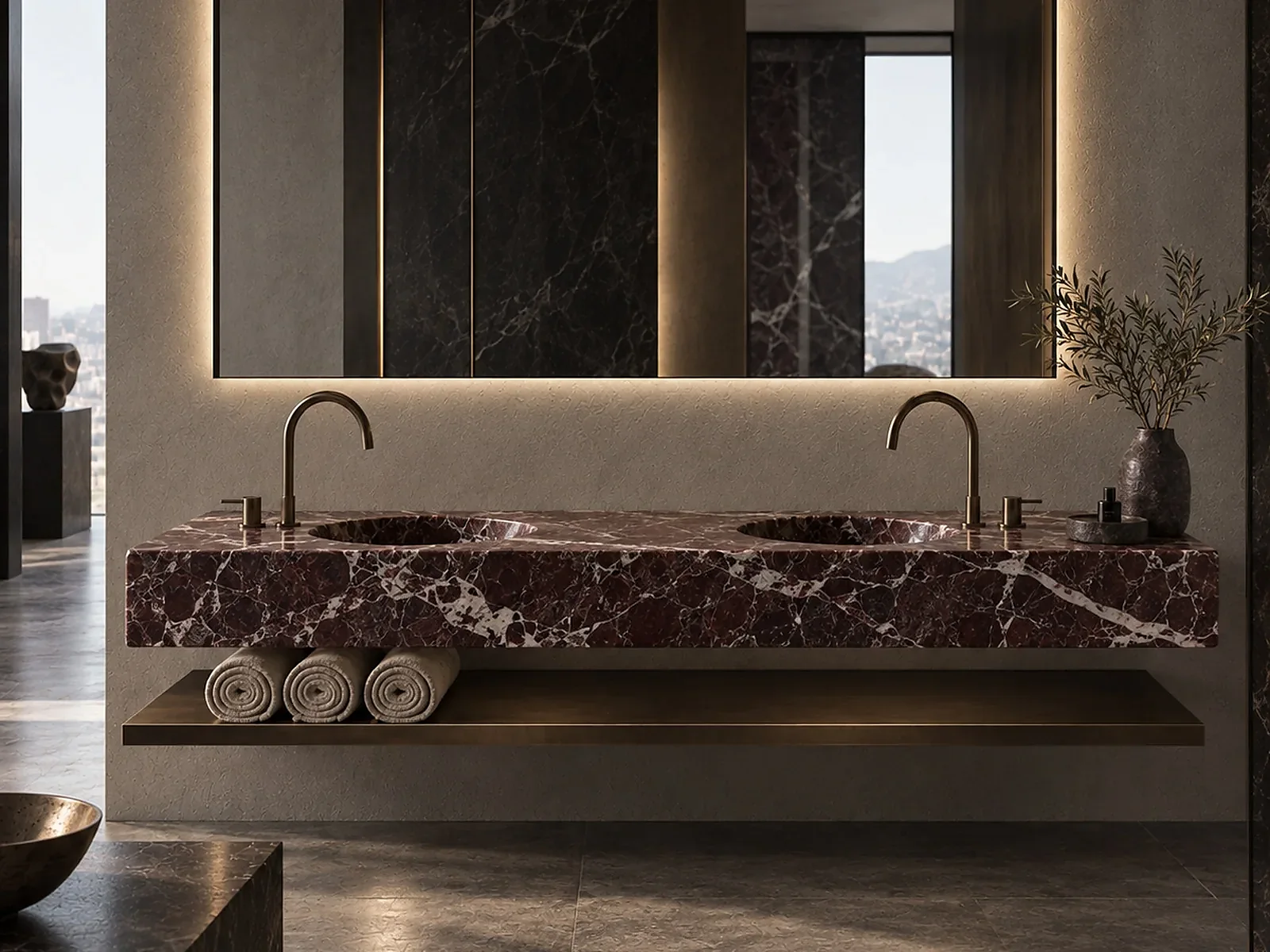 Rosso Levanto marble vanity with dramatic burgundy veining