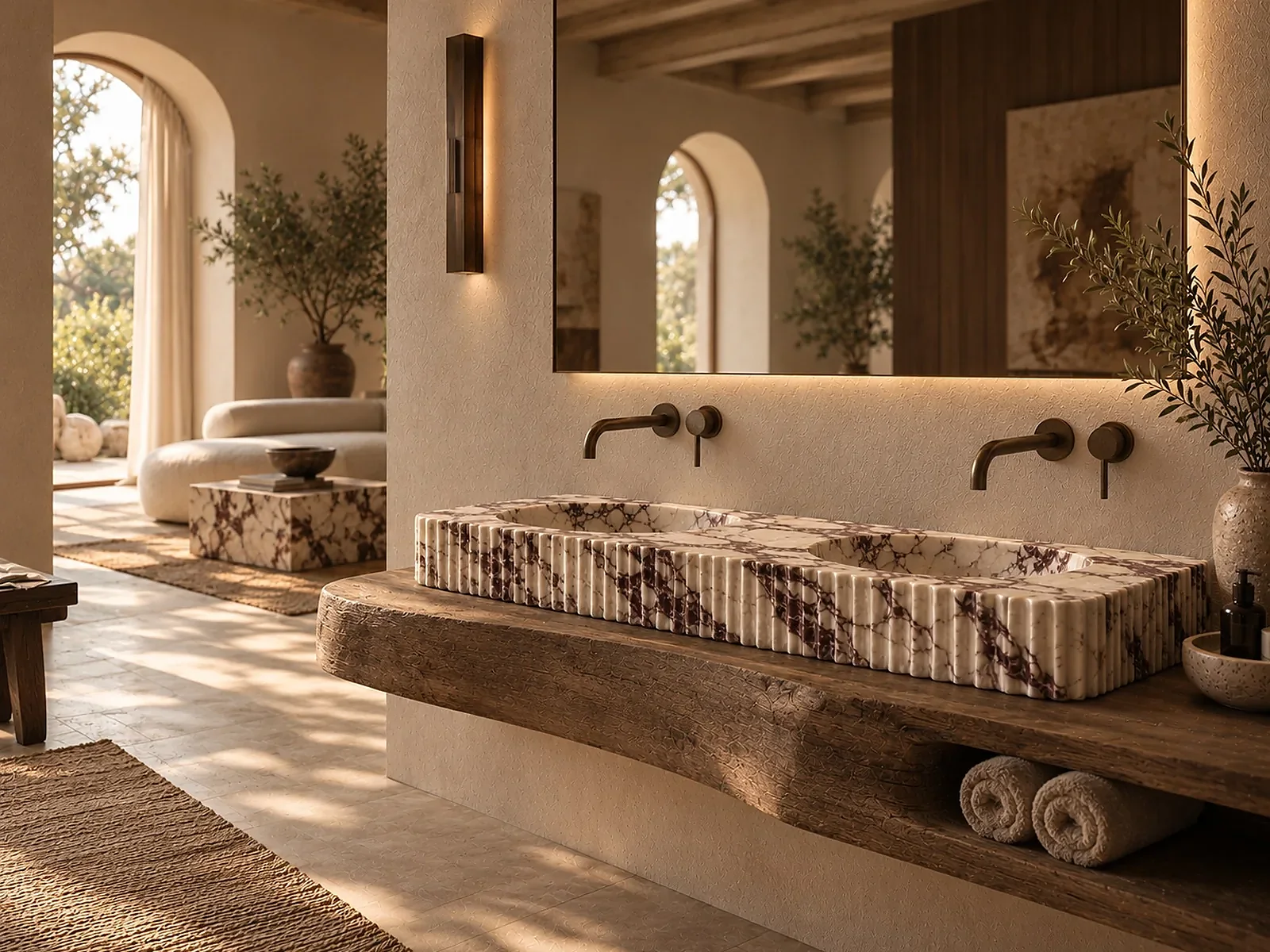 Mediterranean spa bathroom featuring a fluted Calacatta Viola vanity