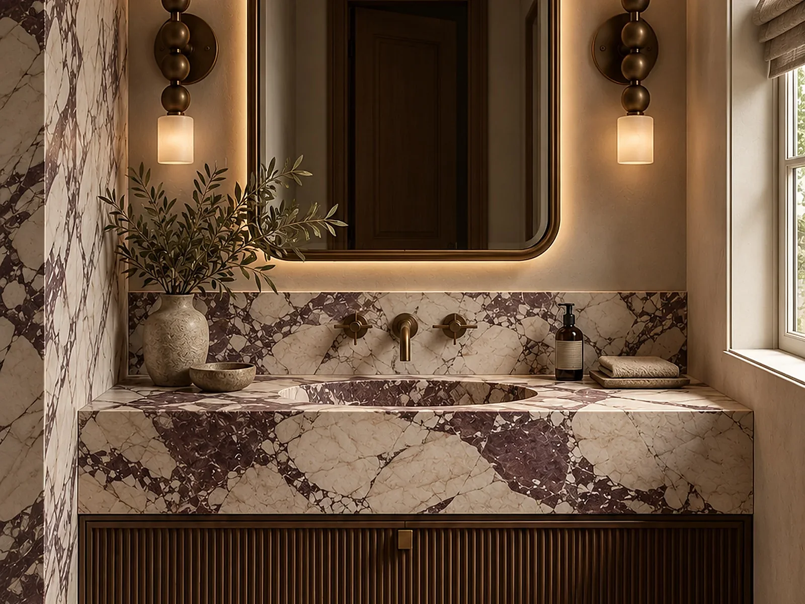 Calacatta Viola statement vanity in a darker interior