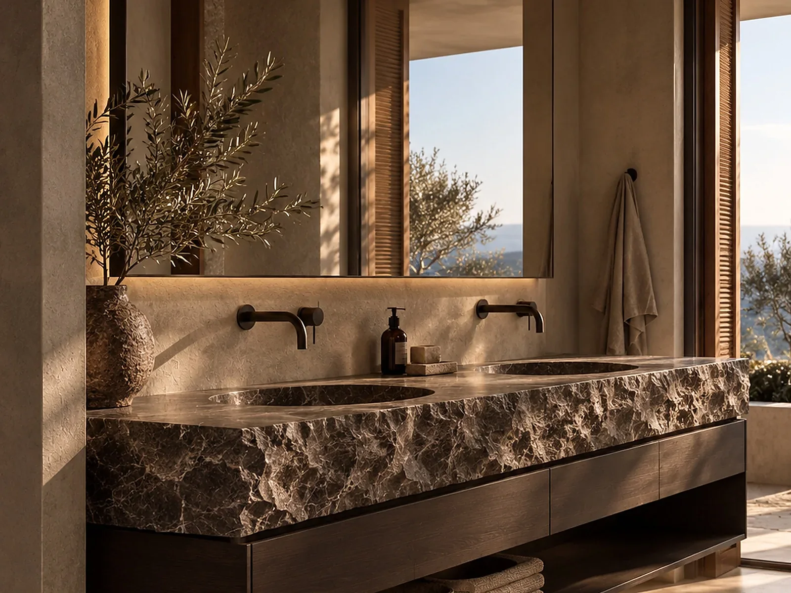 Dark Emperador marble vanity with a boho luxe atmosphere