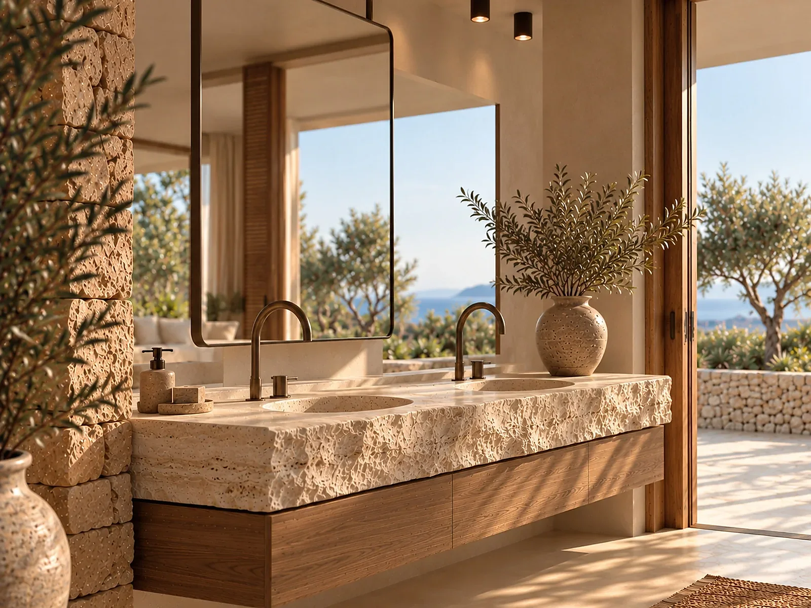 Sunlit sculptural travertine bathroom vanity