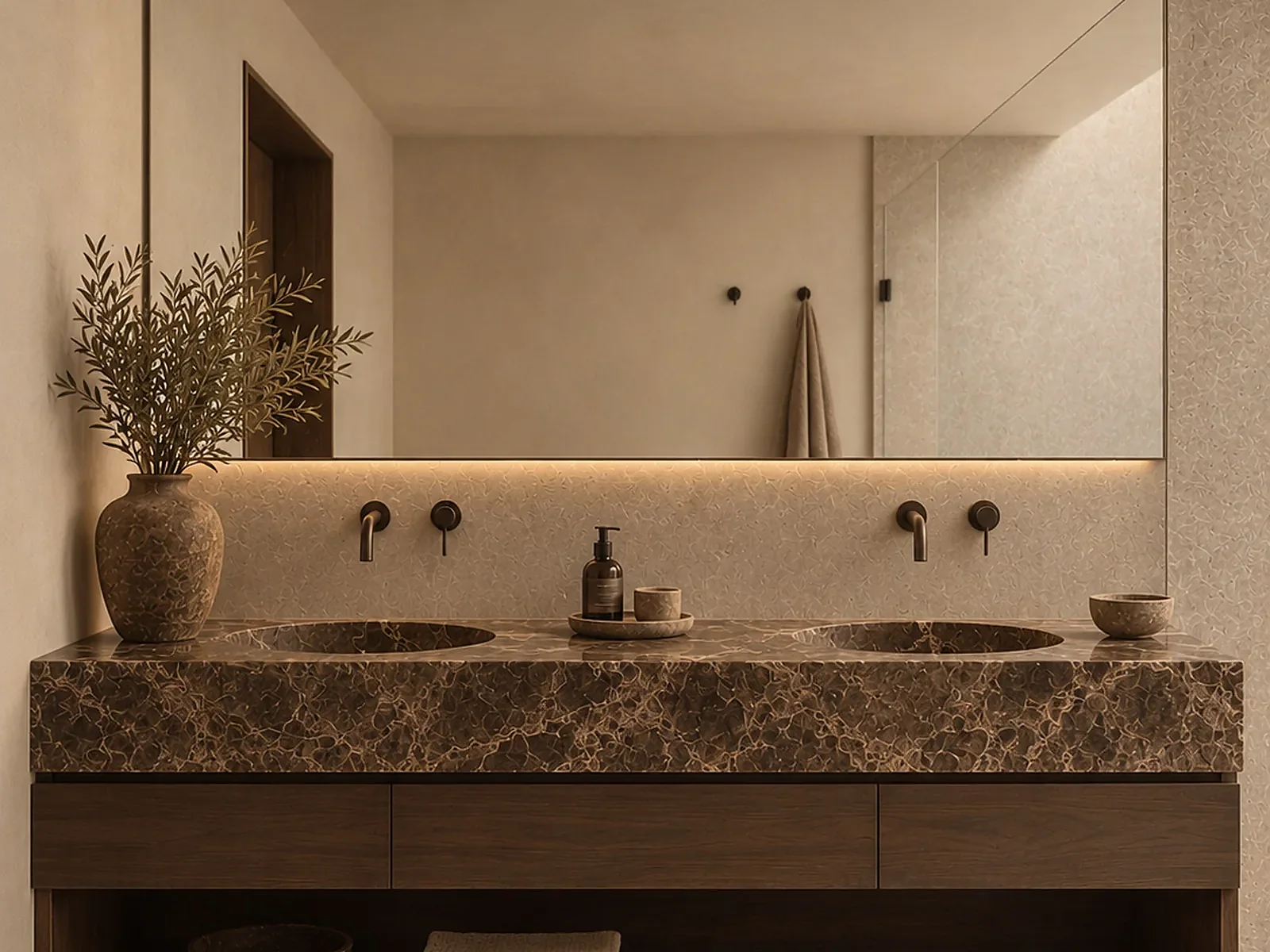 Earthy Dark Emperador vanity in a moody minimal bathroom