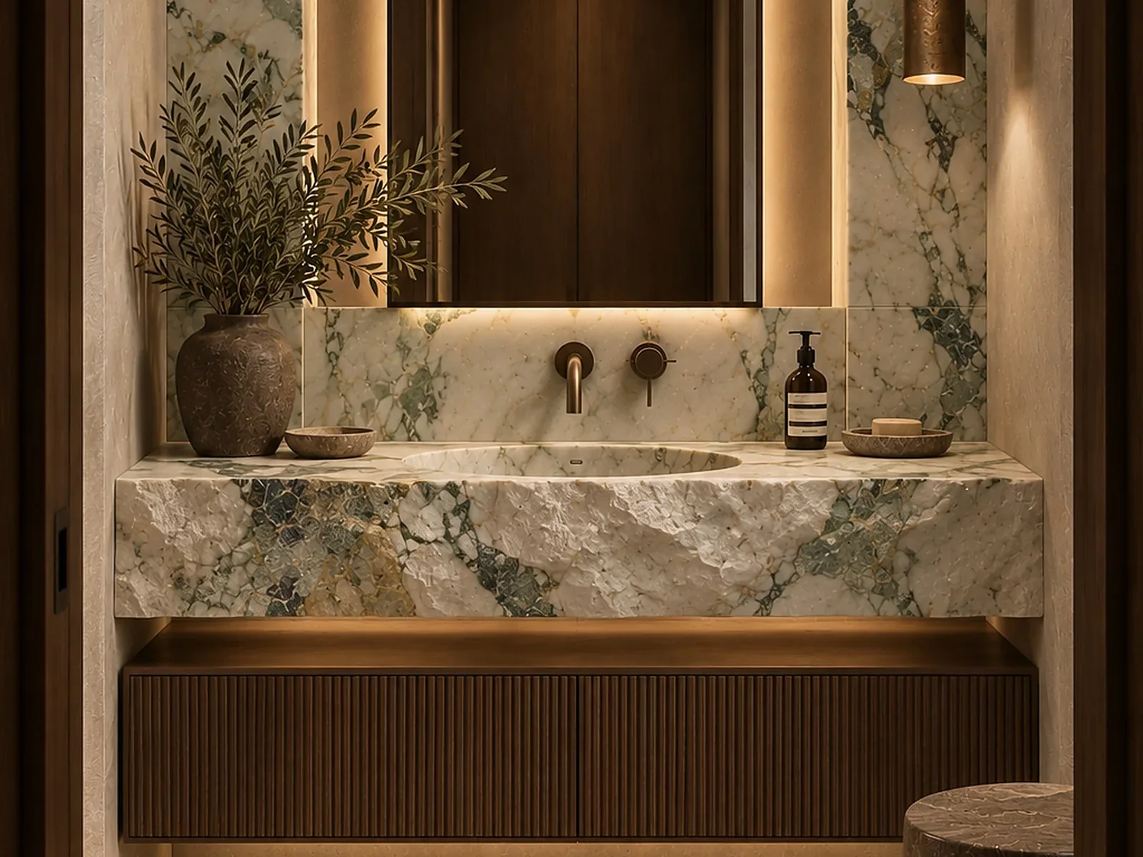 Green-veined marble vanity in a warm bohemian interior