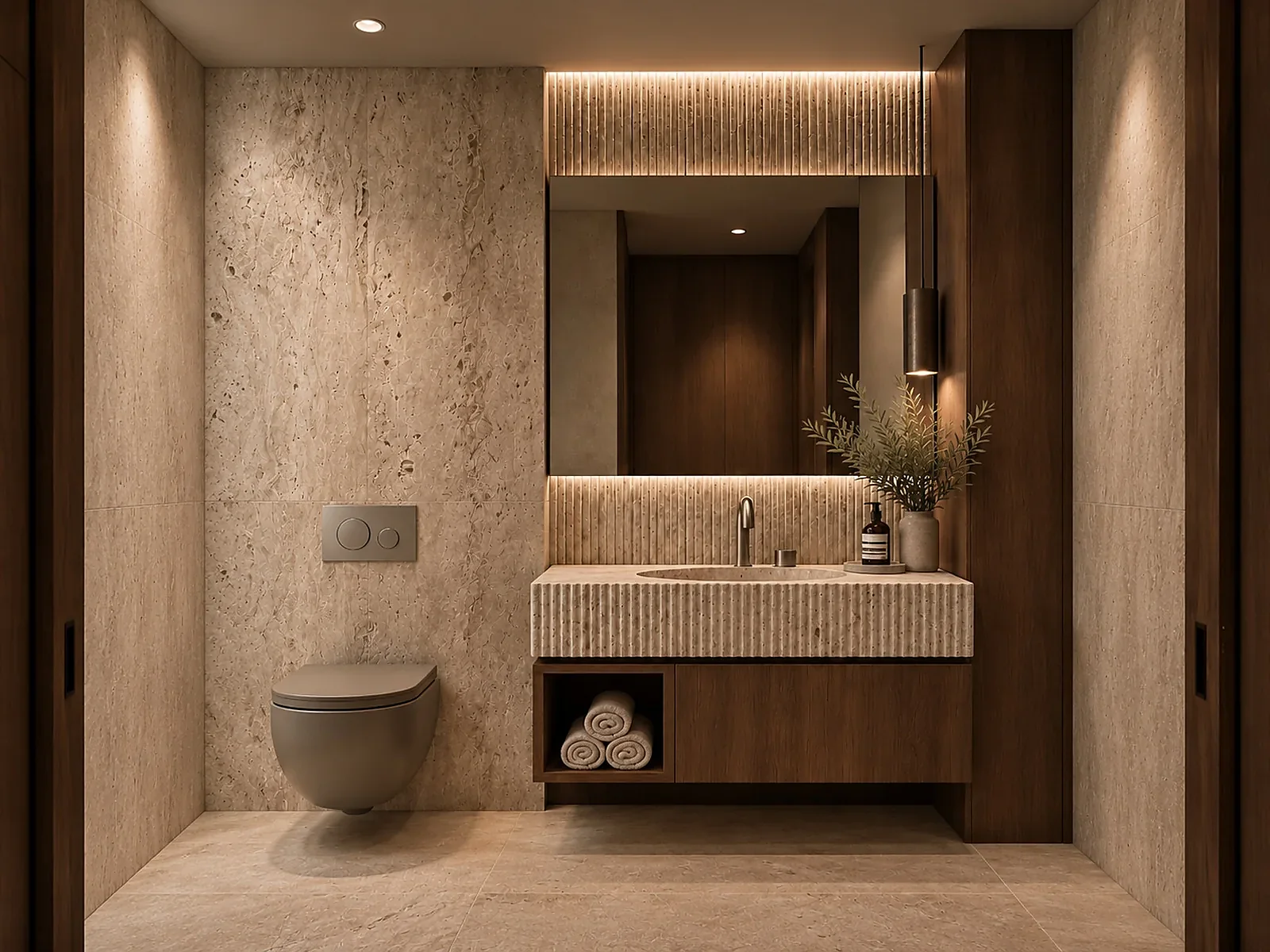 Minimalist natural travertine vanity with fluted detailing