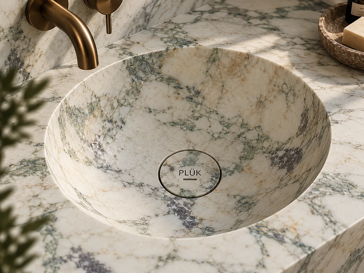 Calacatta marble basin with grey-green veining
