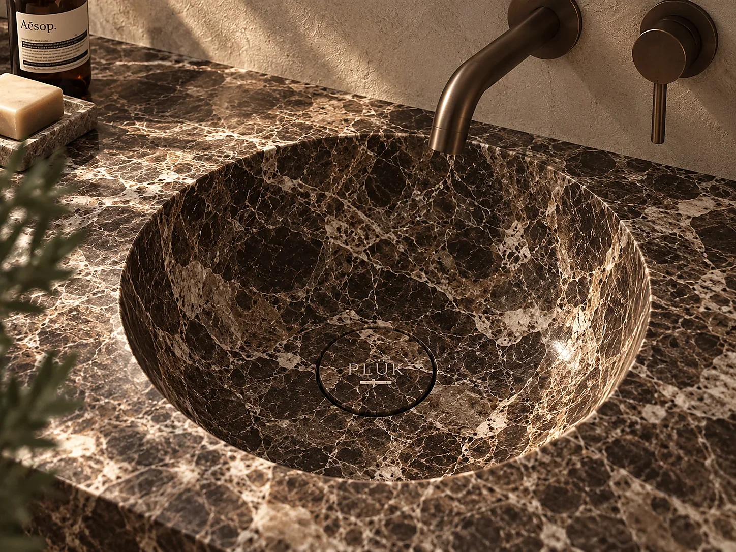 Emperador marble basin in dark brown stone